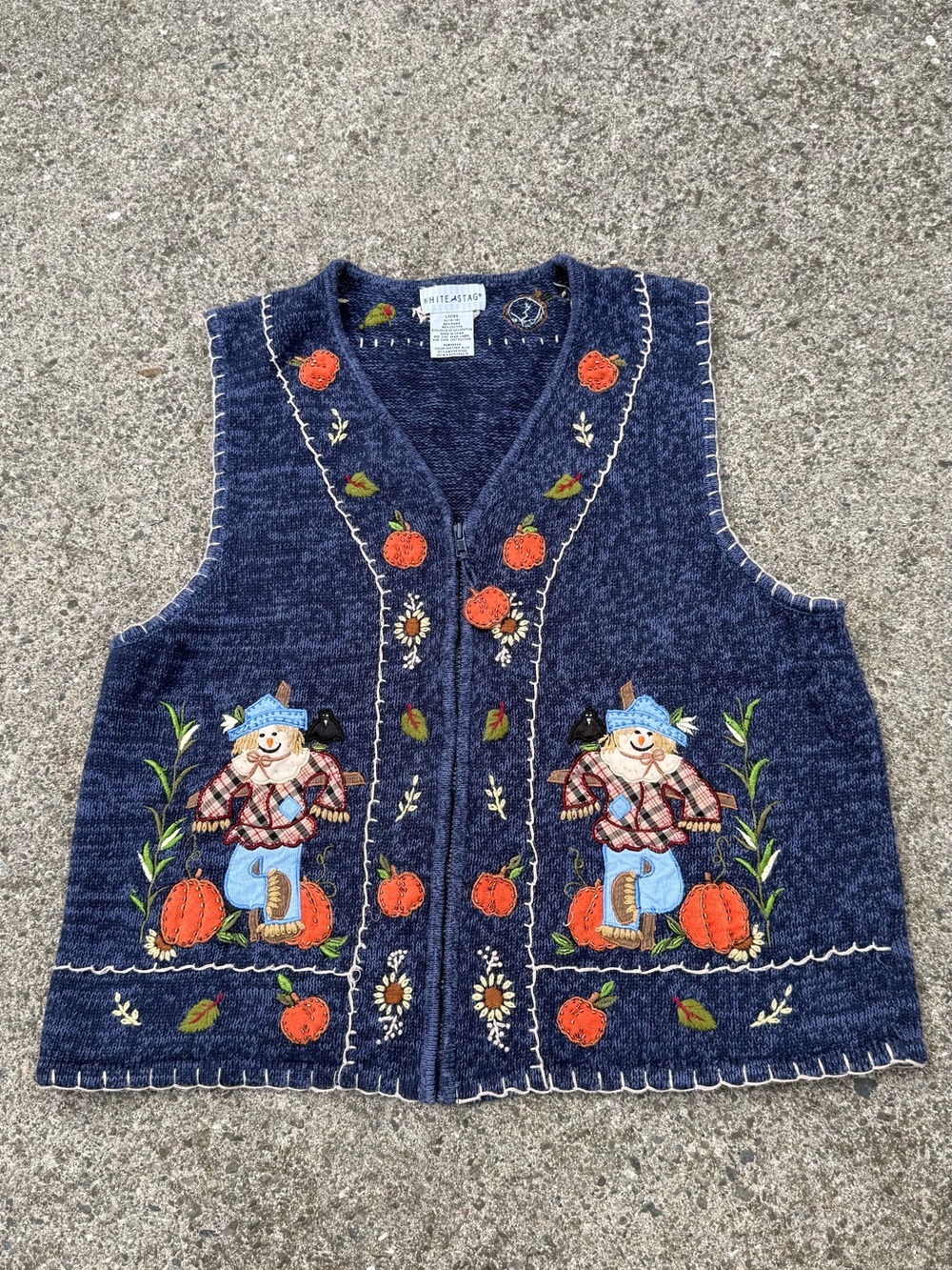 Vintage White Stag Scarecrow & Pumpkin Embroidered Vest XL Cottagecore Fall